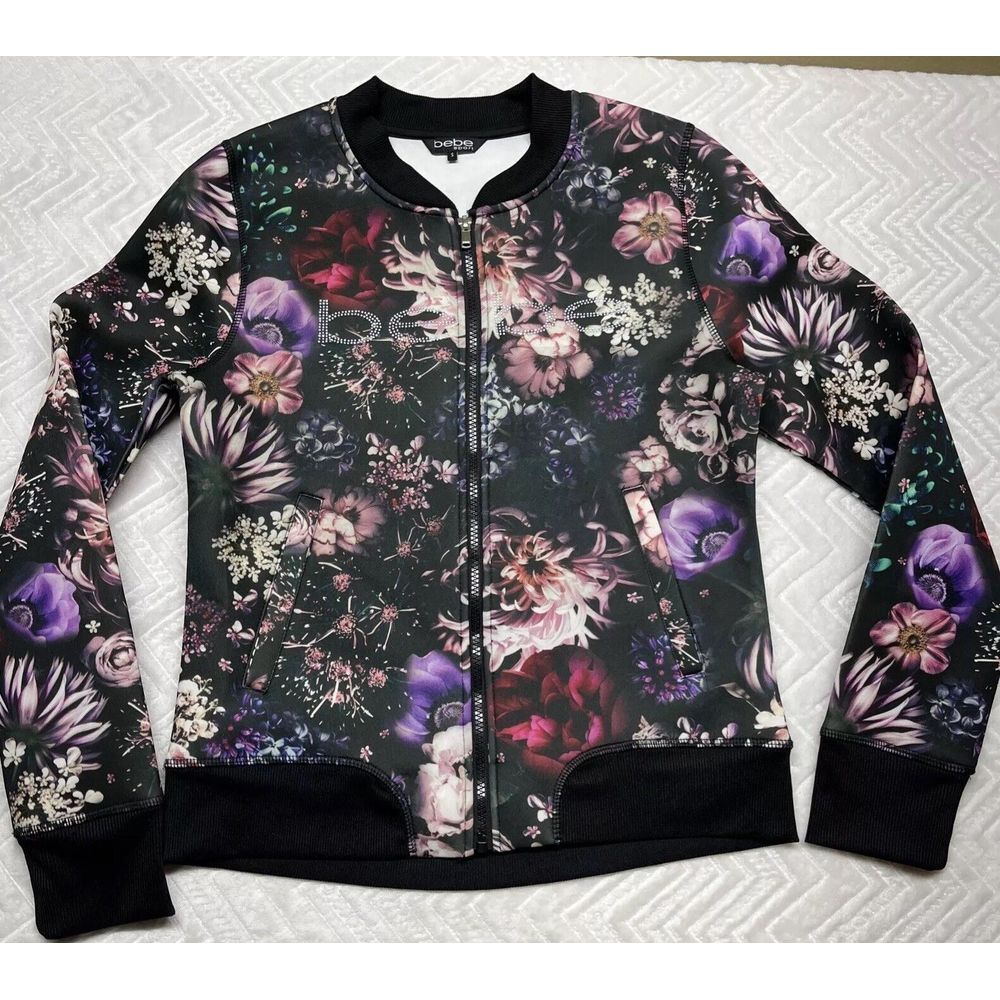 Bebe‎ Sport Floral Full Zip Jacket Women Small Y2K Spell Out